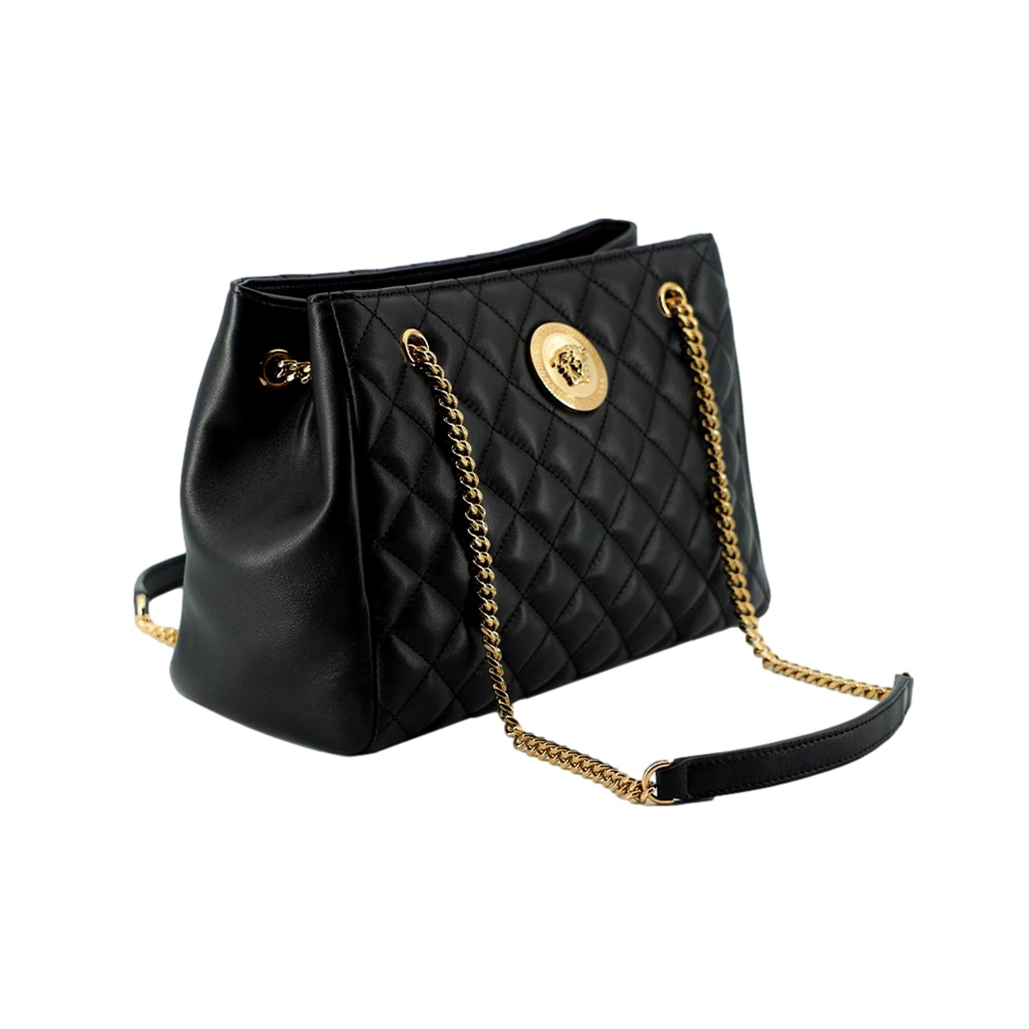 Versace La Medusa Nappa Quilted Black Leather Large Tote Bag available at Queen Bee of Beverly Hills