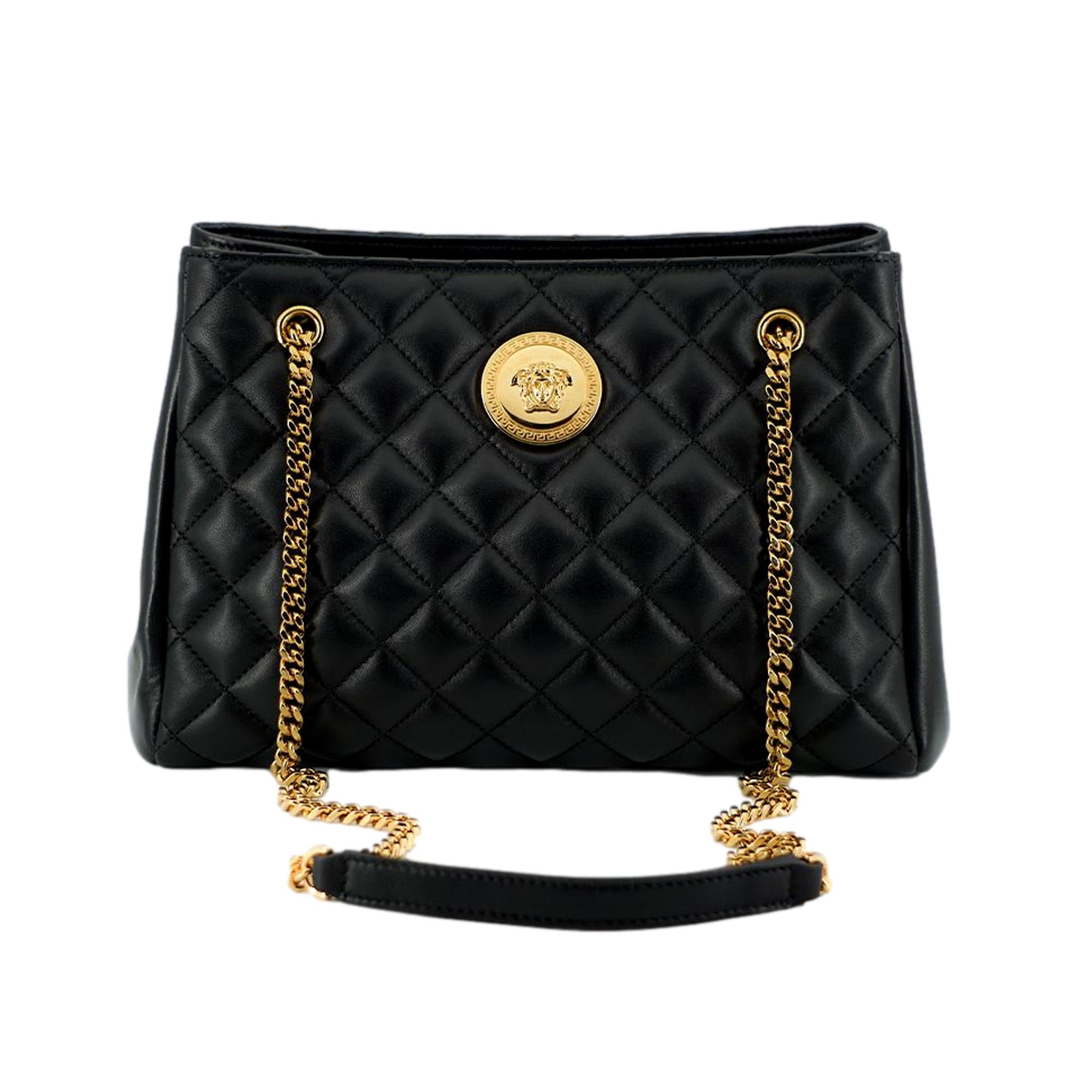 Versace La Medusa Nappa Quilted Black Leather Large Tote Bag available at Queen Bee of Beverly Hills
