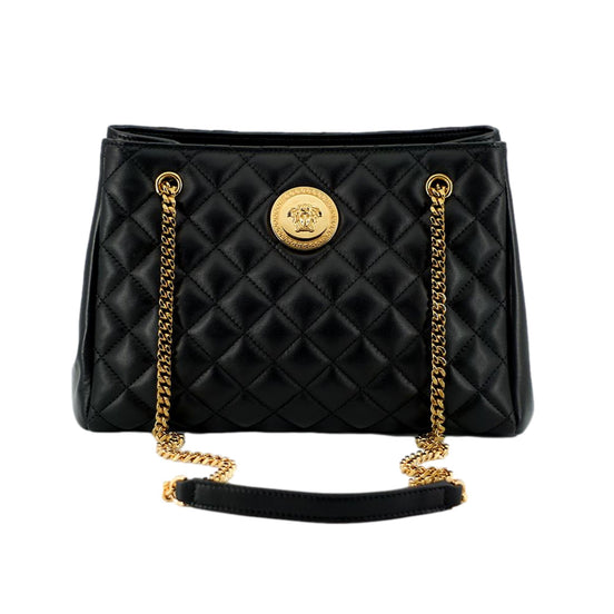 Versace La Medusa Nappa Quilted Black Leather Large Tote Bag available at Queen Bee of Beverly Hills