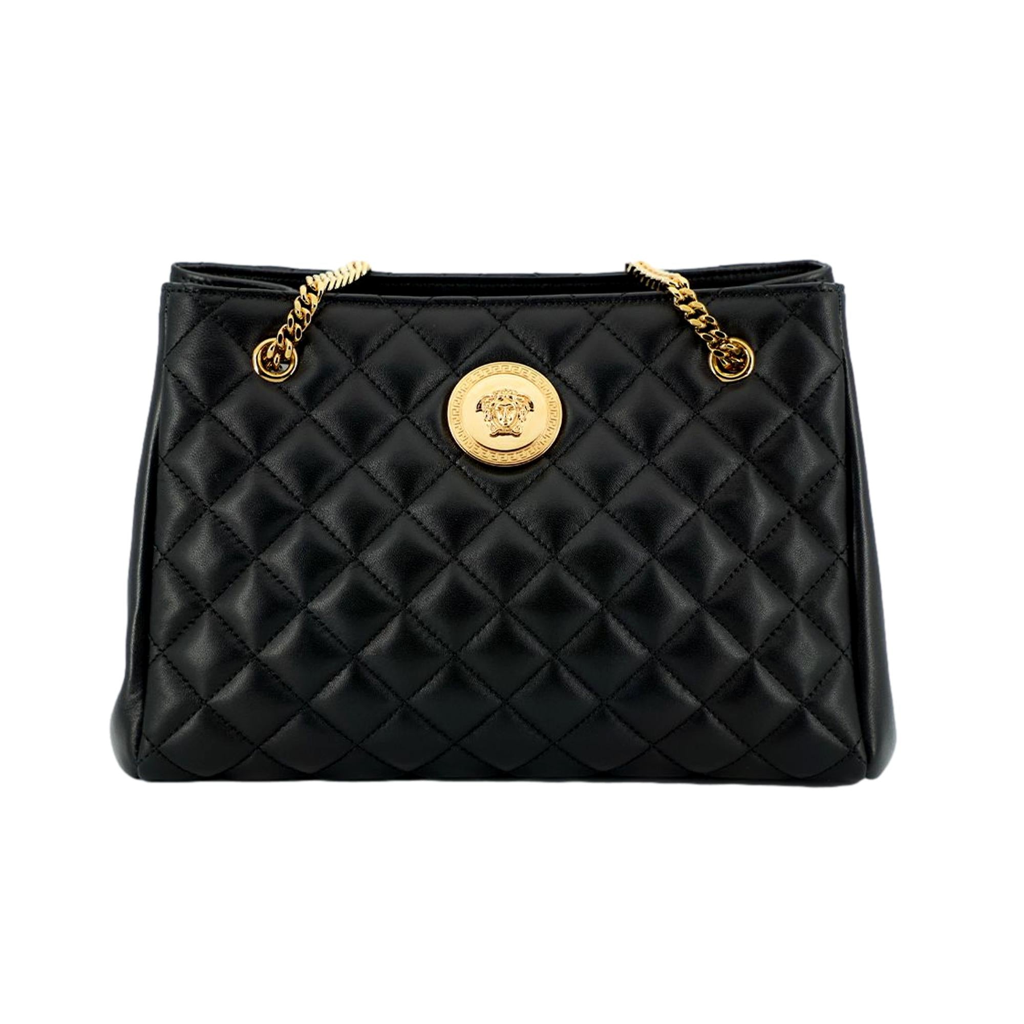 Versace La Medusa Nappa Quilted Black Leather Large Tote Bag available at Queen Bee of Beverly Hills