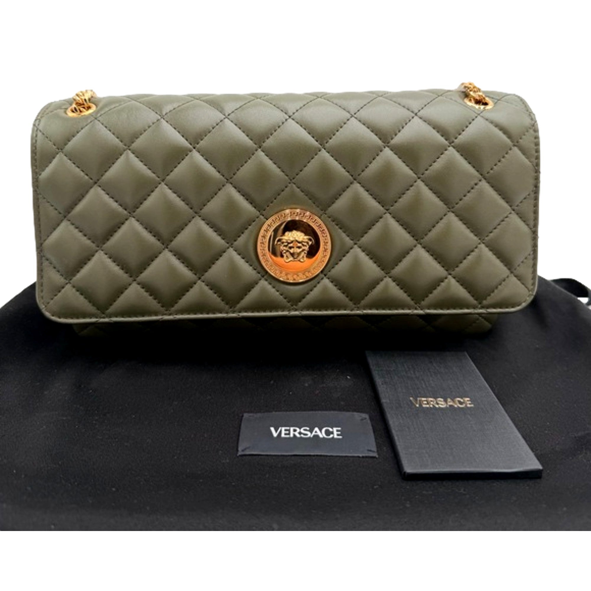 Versace La Medusa Olive Green Quilted Lambskin Chain Strap Crossbody Bag available at Queen Bee of Beverly Hills