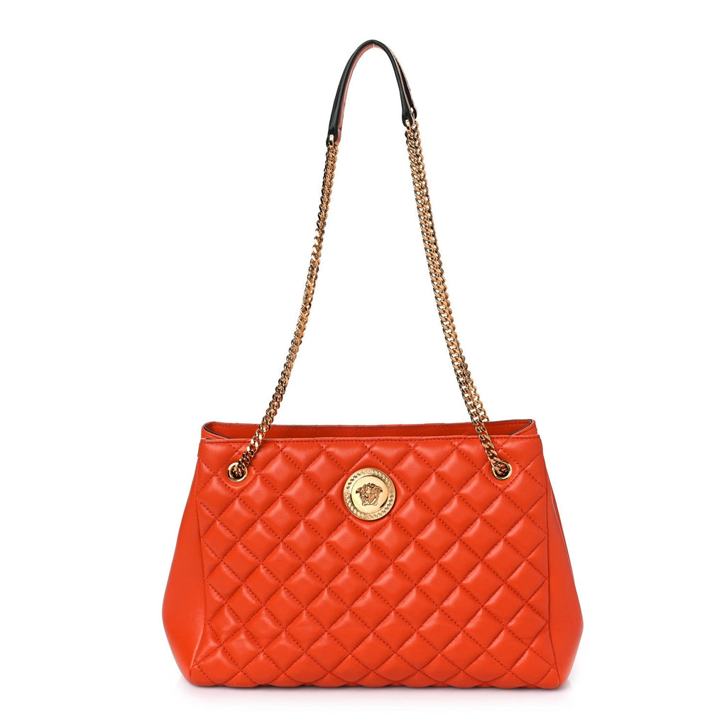 Versace La Medusa Orange Nappa Leather Tote at_Queen_Bee_of_Beverly_Hills