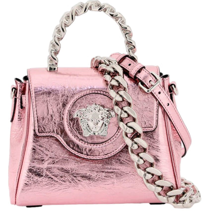 Versace La Medusa Pink Metallic Top-Handle Bag available at Queen Bee of Beverly Hills