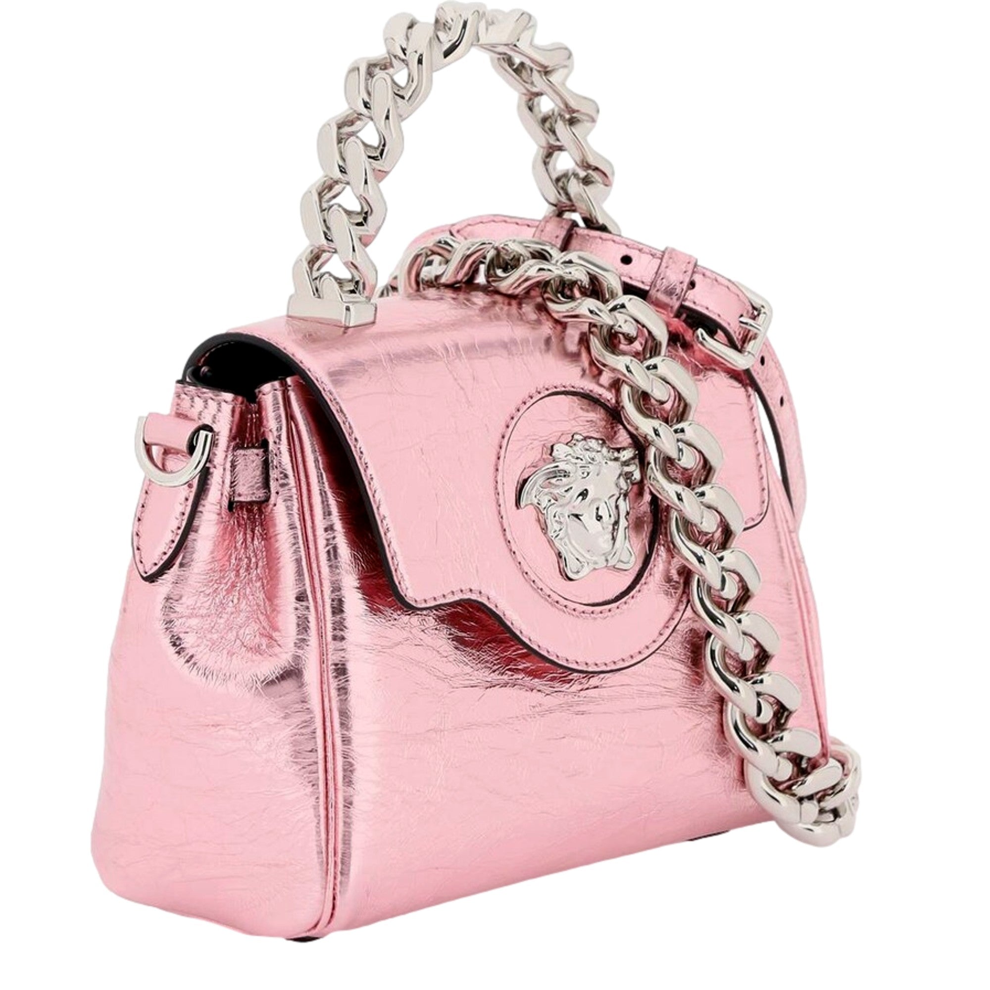 Versace La Medusa Pink Metallic Top-Handle Bag available at Queen Bee of Beverly Hills