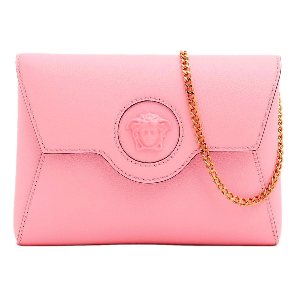 Versace La Medusa Pink Pebbled Calf Leather Mini Envelope Crossbody 1003018 at_Queen_Bee_of_Beverly_Hills