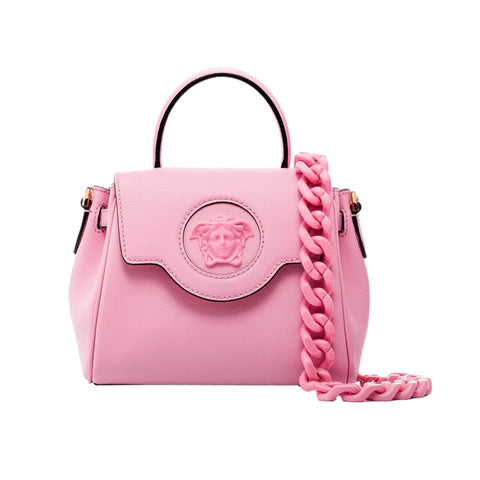 Versace La Medusa Pink Pebbled Leather Top Handle Bag at_Queen_Bee_of_Beverly_Hills