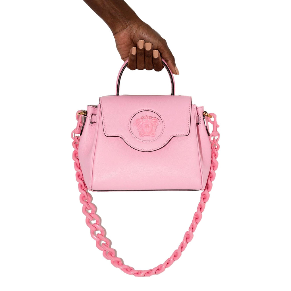Versace La Medusa Pink Pebbled Leather Top Handle Bag at_Queen_Bee_of_Beverly_Hills