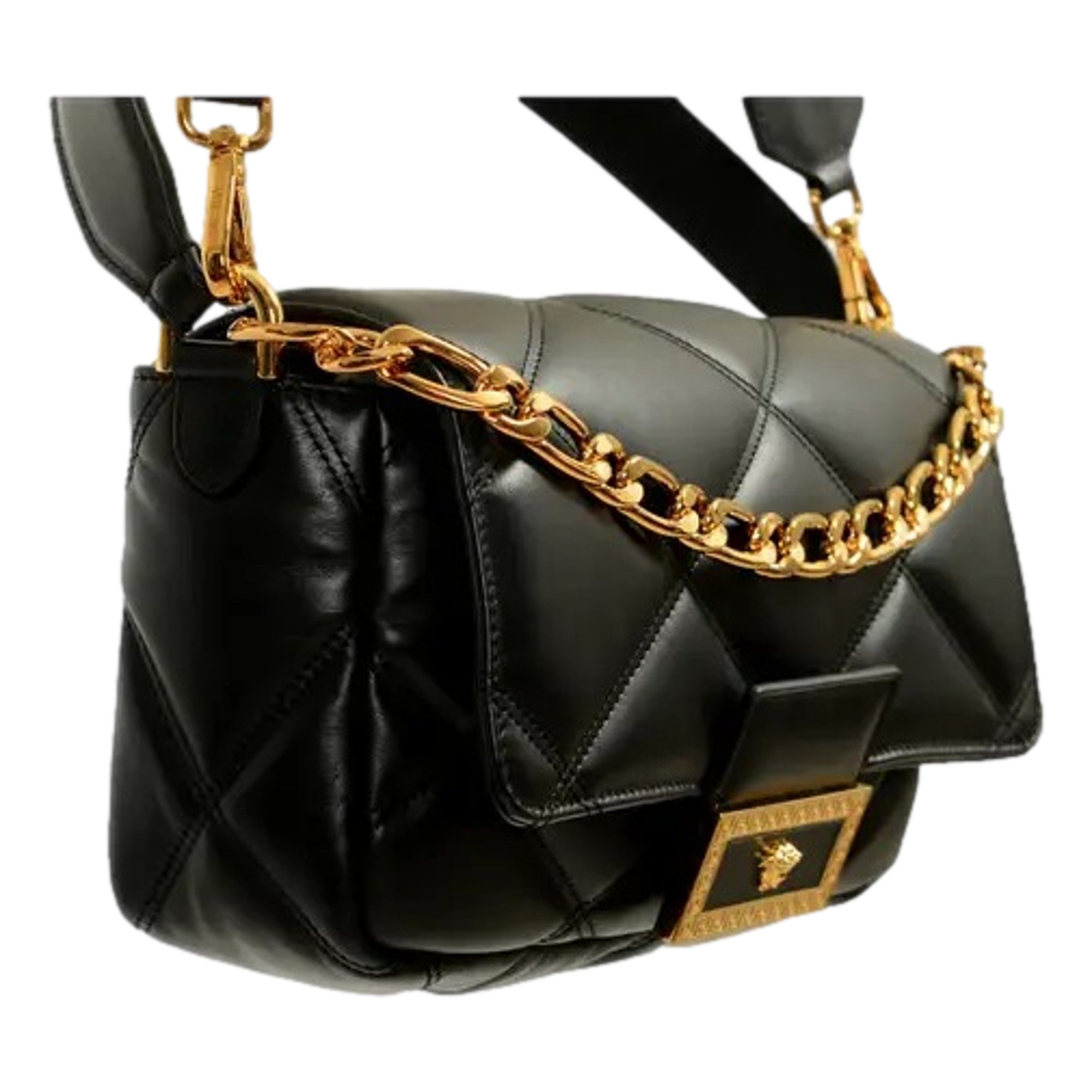 Versace La Medusa Quilted Calfskin Leather Black Crossbody Bag Gold Chain available at Queen Bee of Beverly Hills