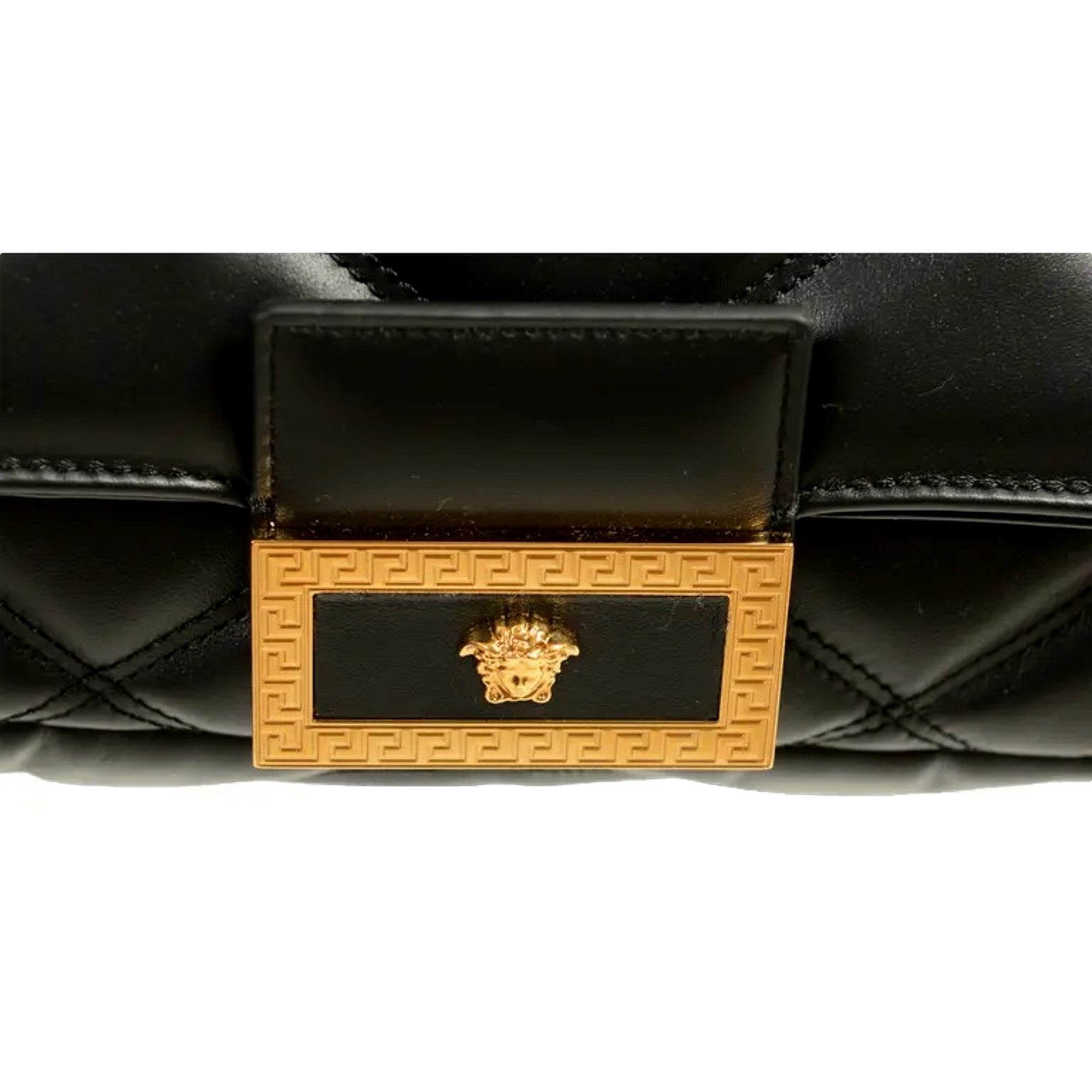 Versace La Medusa Quilted Calfskin Leather Black Crossbody Bag Gold Chain available at Queen Bee of Beverly Hills