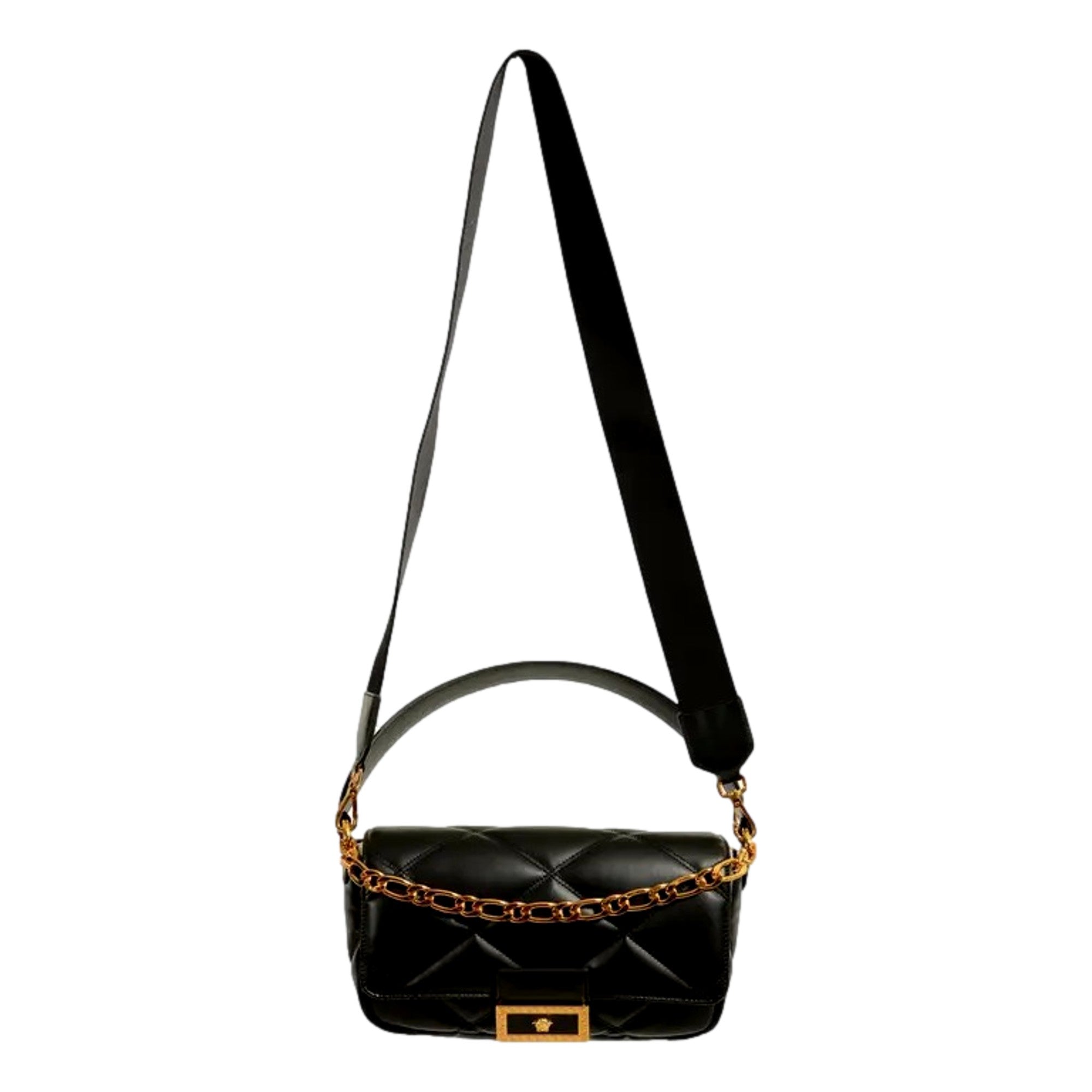 Versace La Medusa Quilted Calfskin Leather Black Crossbody Bag Gold Chain available at Queen Bee of Beverly Hills