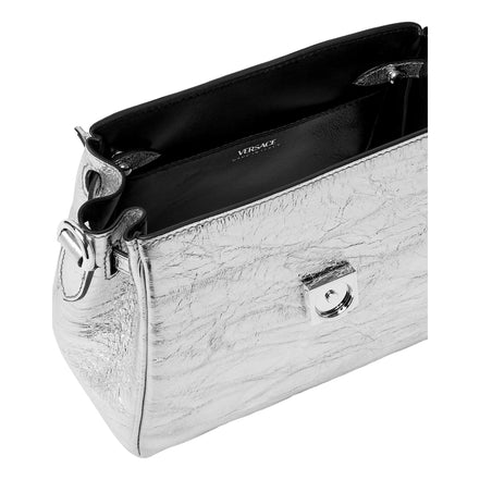 Versace La Medusa Silver Metallic Top Handle Handbag available at Queen Bee of Beverly Hills