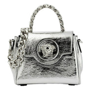 Versace La Medusa Silver Metallic Top Handle Handbag available at Queen Bee of Beverly Hills