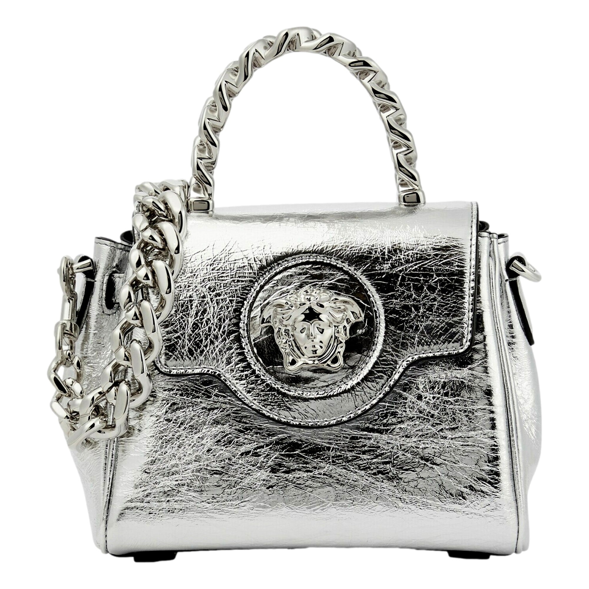 Versace La Medusa Silver Metallic Top Handle Handbag available at Queen Bee of Beverly Hills