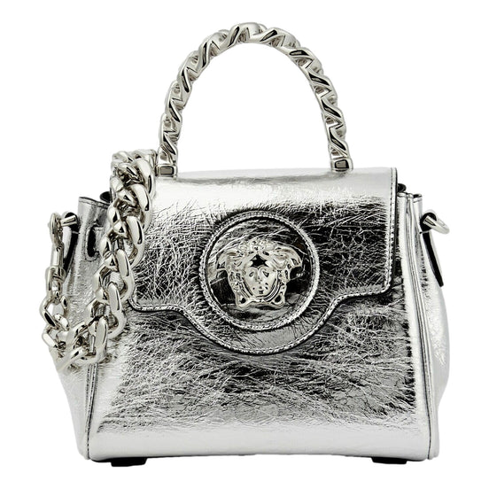 Versace La Medusa Silver Metallic Top Handle Handbag available at Queen Bee of Beverly Hills