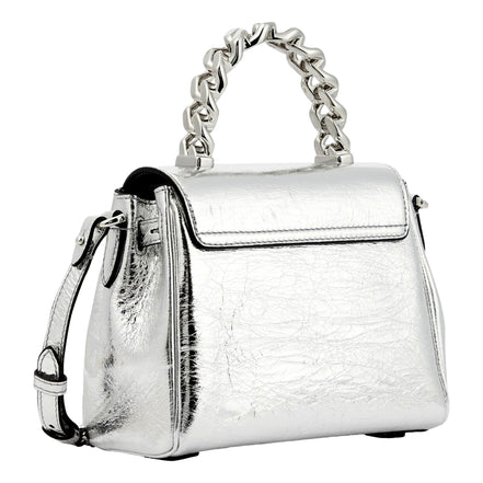 Versace La Medusa Silver Metallic Top Handle Handbag available at Queen Bee of Beverly Hills