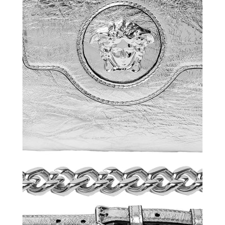 Versace La Medusa Silver Metallic Top Handle Handbag available at Queen Bee of Beverly Hills