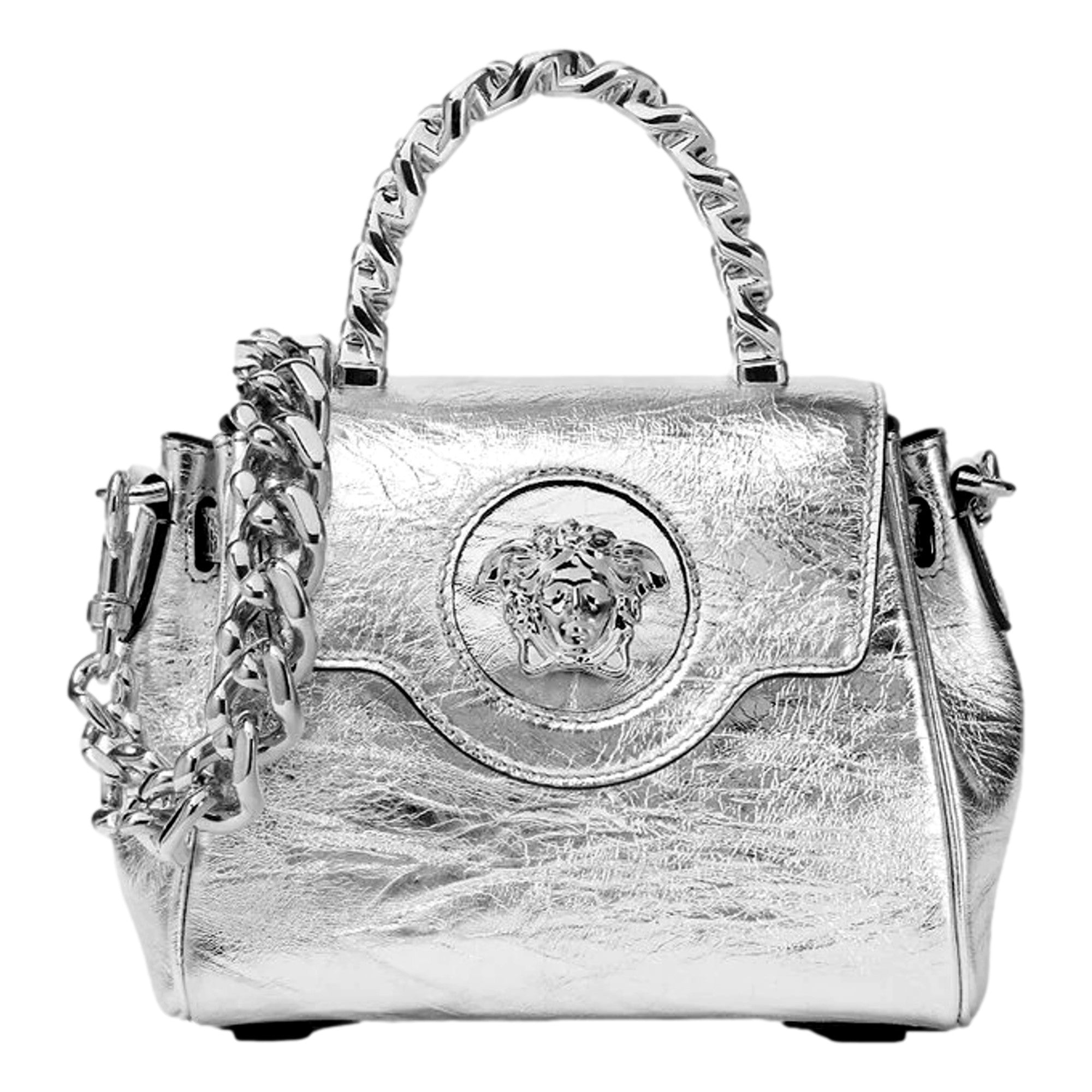Versace La Medusa Silver Metallic Top Handle Handbag available at Queen Bee of Beverly Hills