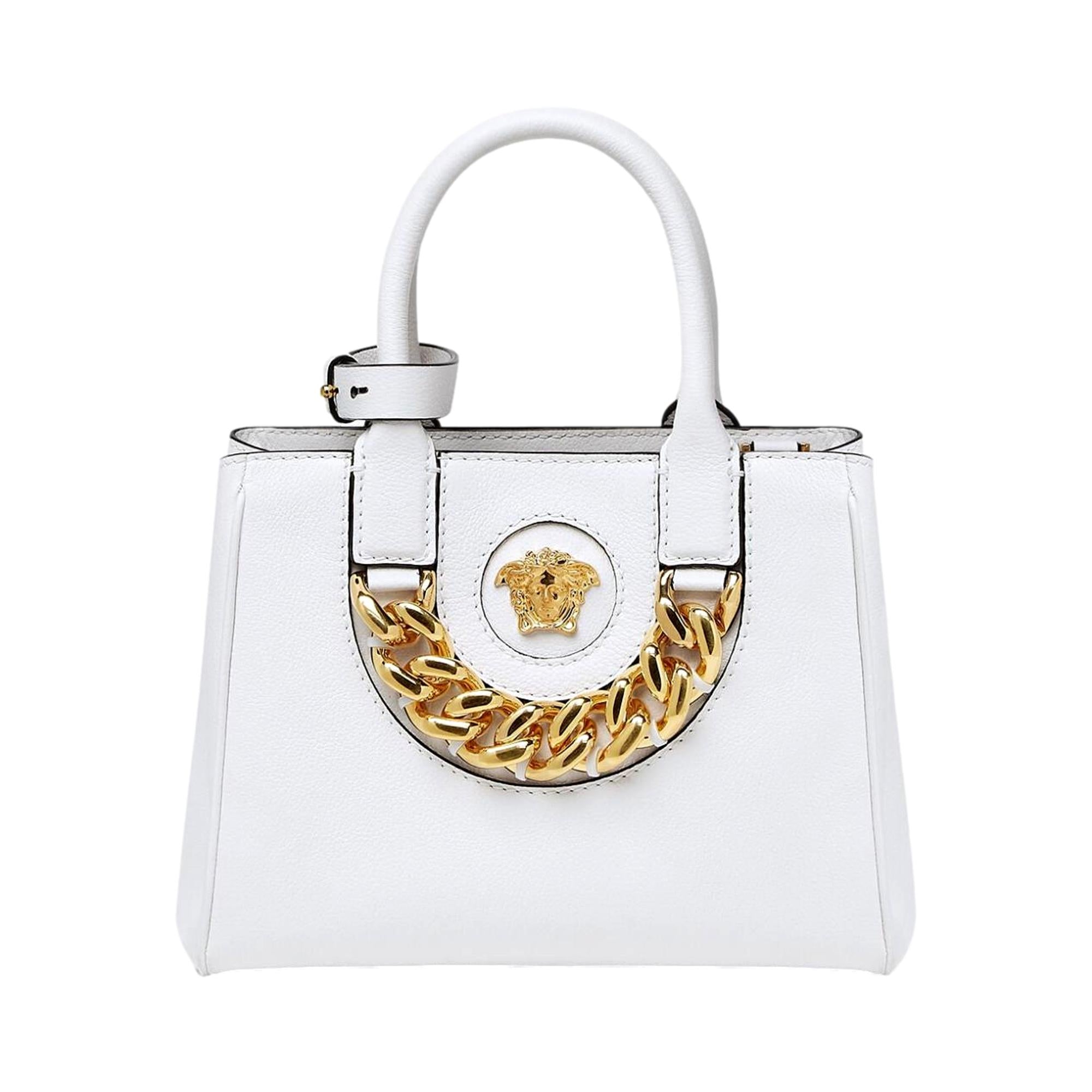 Versace La Medusa Gold Plaque White Leather Small Crossbody