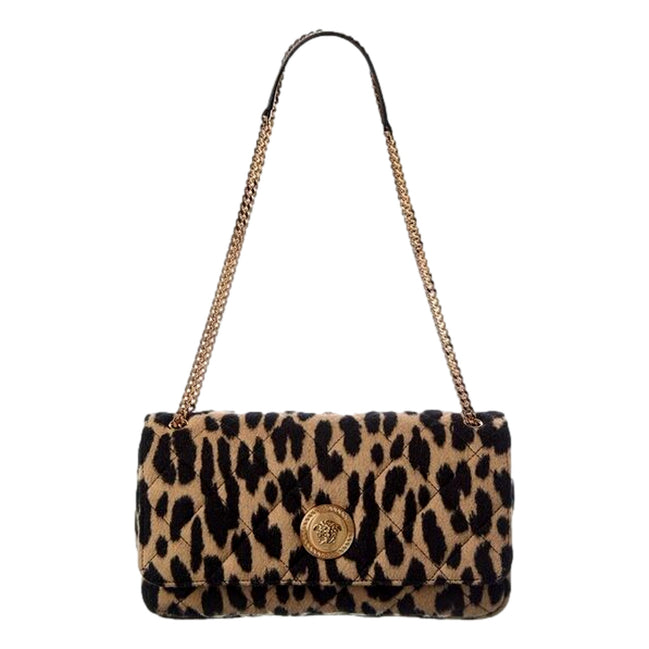 Versace Leopard Print Wool Leather Shoulder Bag Gold Medallion Chain Strap