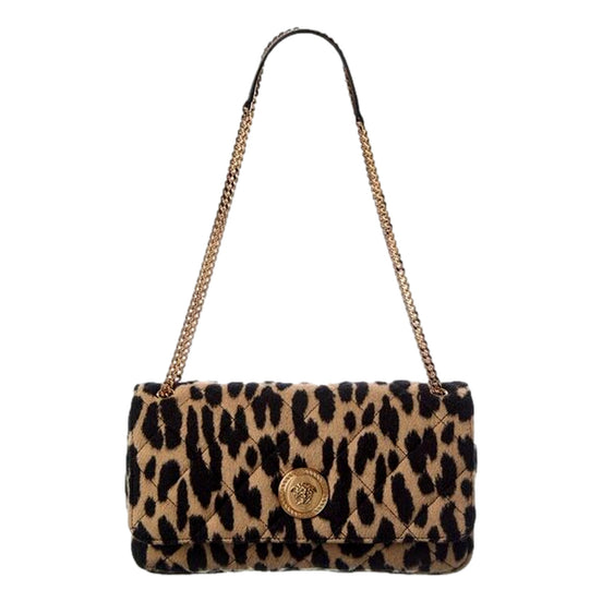 Versace Leopard Print Wool Leather Shoulder Bag Gold Medallion Chain Strap