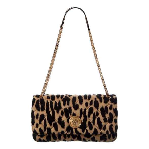 Versace Leopard Print Wool Leather Shoulder Bag Gold Medallion Chain Strap