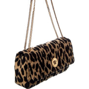 Versace Leopard Print Wool Leather Shoulder Bag Gold Medallion Chain Strap sold at Queen Bee of Beverly Hills