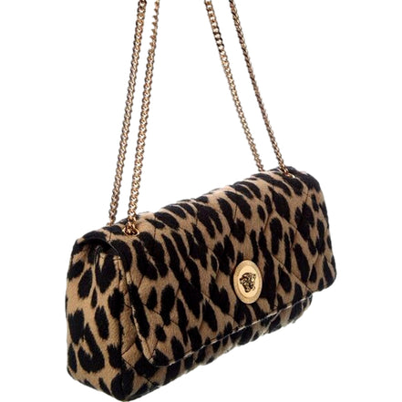 Versace Leopard Print Wool Leather Shoulder Bag Gold Medallion Chain Strap