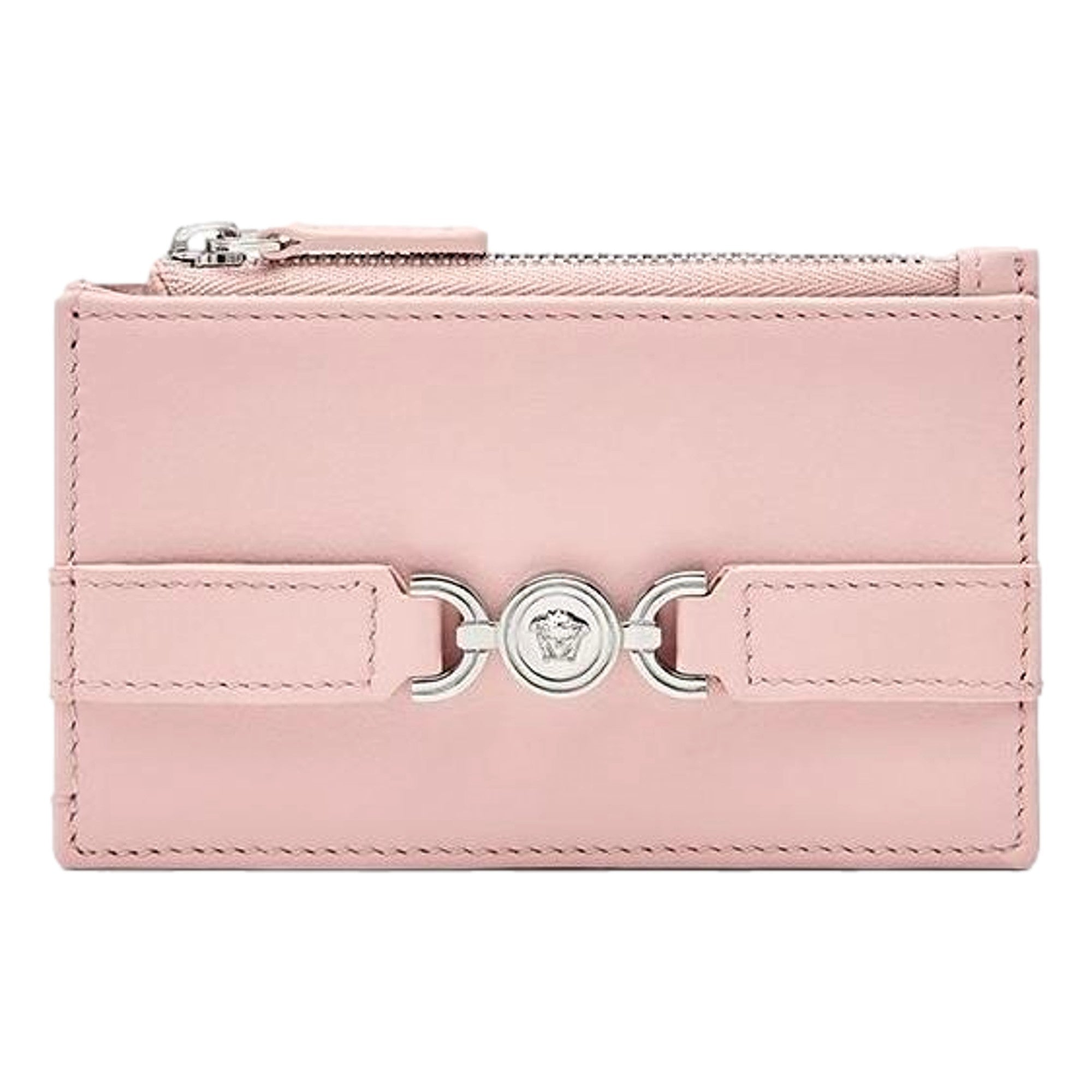 Versace Medusa 95 Dusty Pink Leather Zipper Card Holder Slim Wallet available at Queen Bee of Beverly Hills