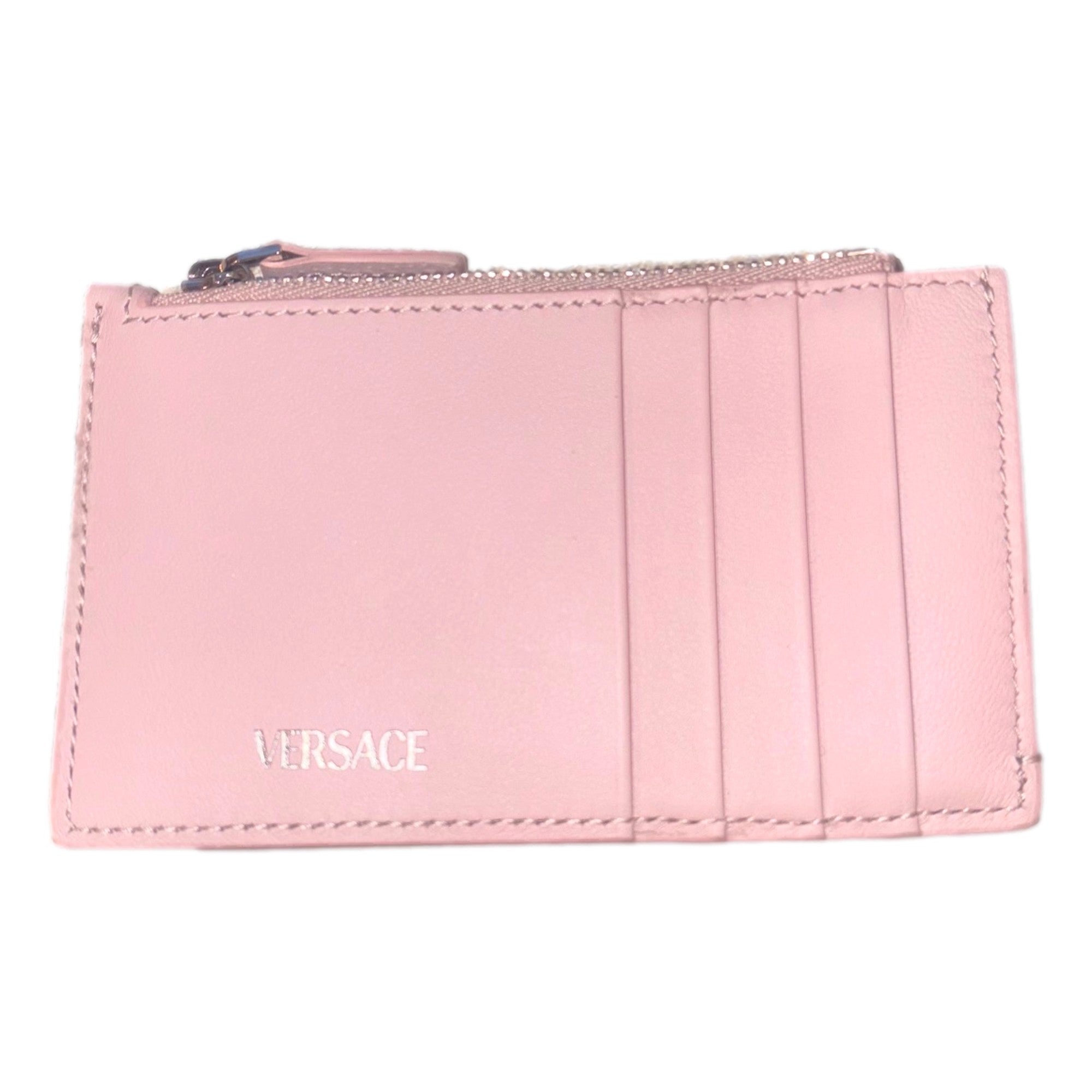 Versace Medusa 95 Dusty Pink Leather Zipper Card Holder Slim Wallet available at Queen Bee of Beverly Hills