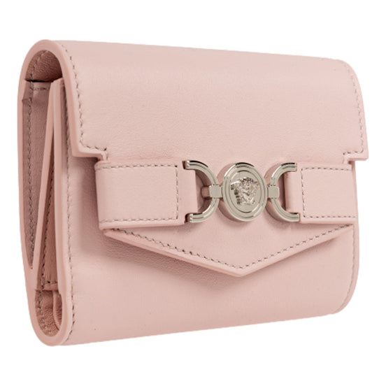 Versace Medusa 95 Dusty Pink Tri Fold Snap Wallet Card Holder available at Queen Bee of Beverly Hills