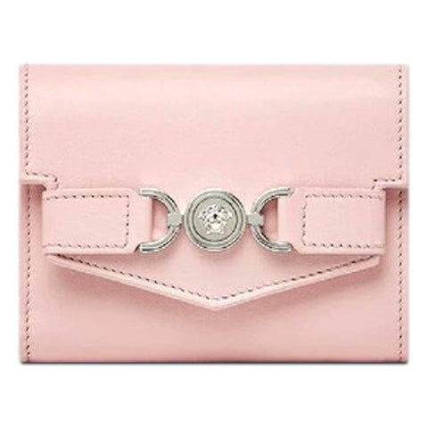 Versace Medusa 95 Dusty Pink Tri Fold Snap Wallet Card Holder available at Queen Bee of Beverly Hills