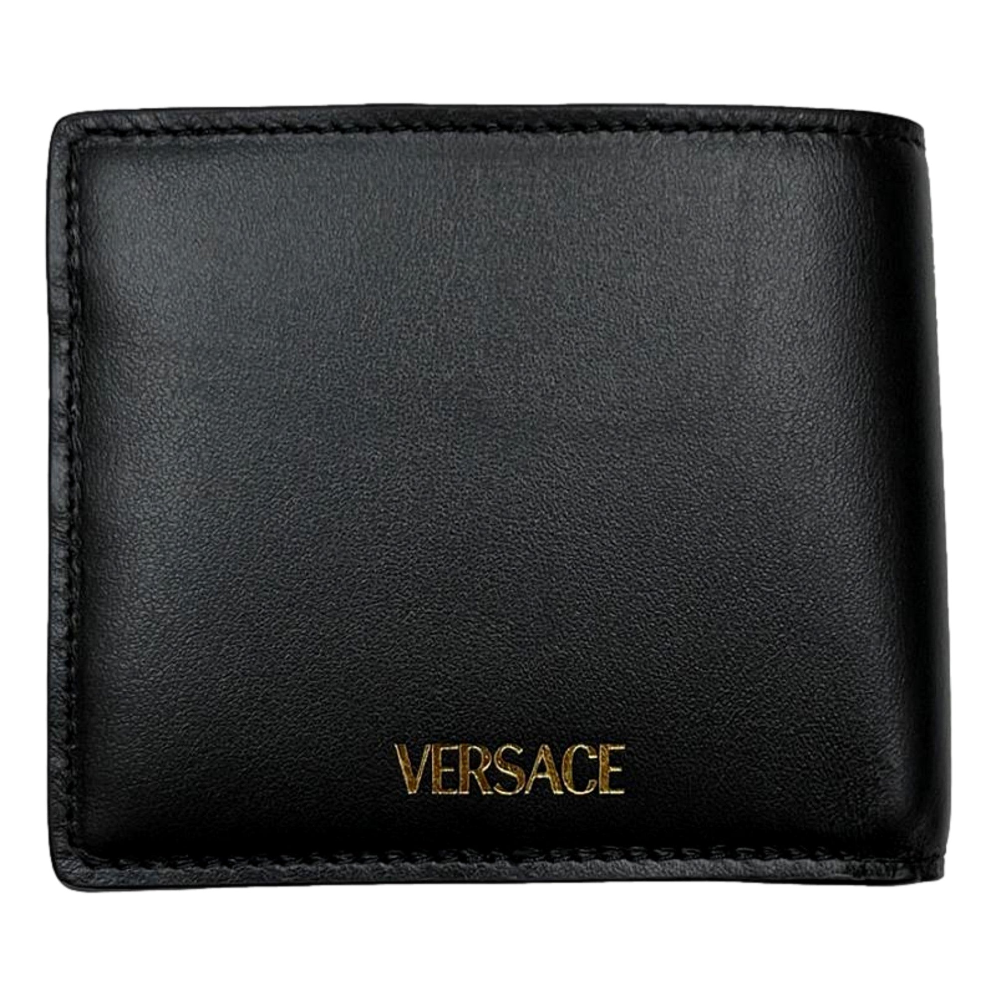Versace La Medusa Black Calfskin Leather Bifold Wallet - available at Queen Bee of Beverly Hills.