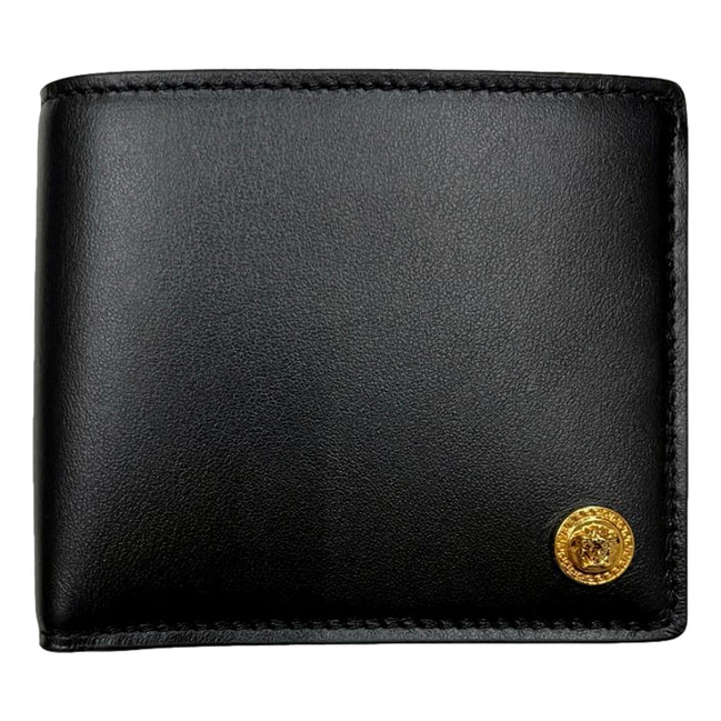 Versace La Medusa Black Calfskin Leather Bifold Wallet - available at Queen Bee of Beverly Hills.