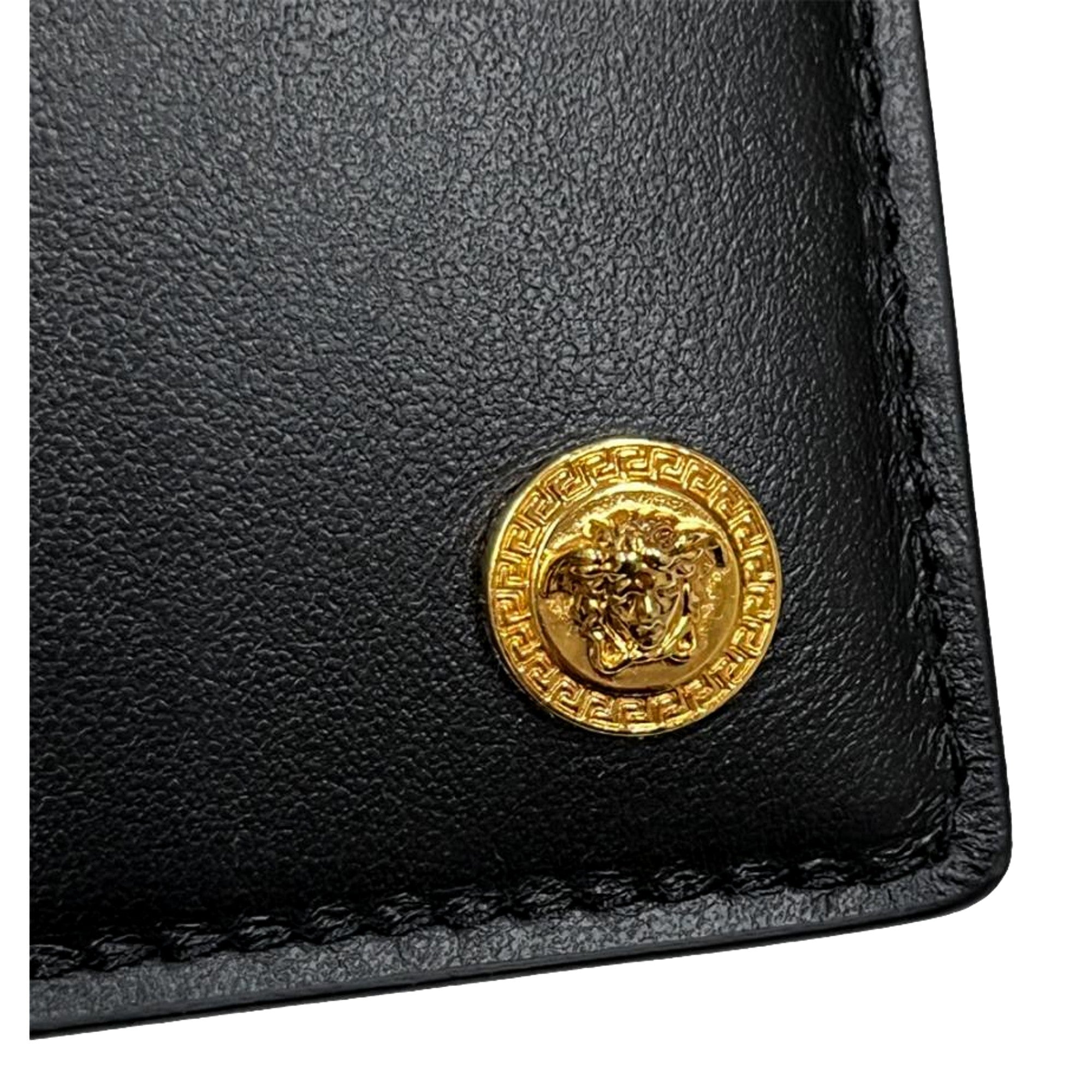 Versace La Medusa Black Calfskin Leather Bifold Wallet - available at Queen Bee of Beverly Hills.