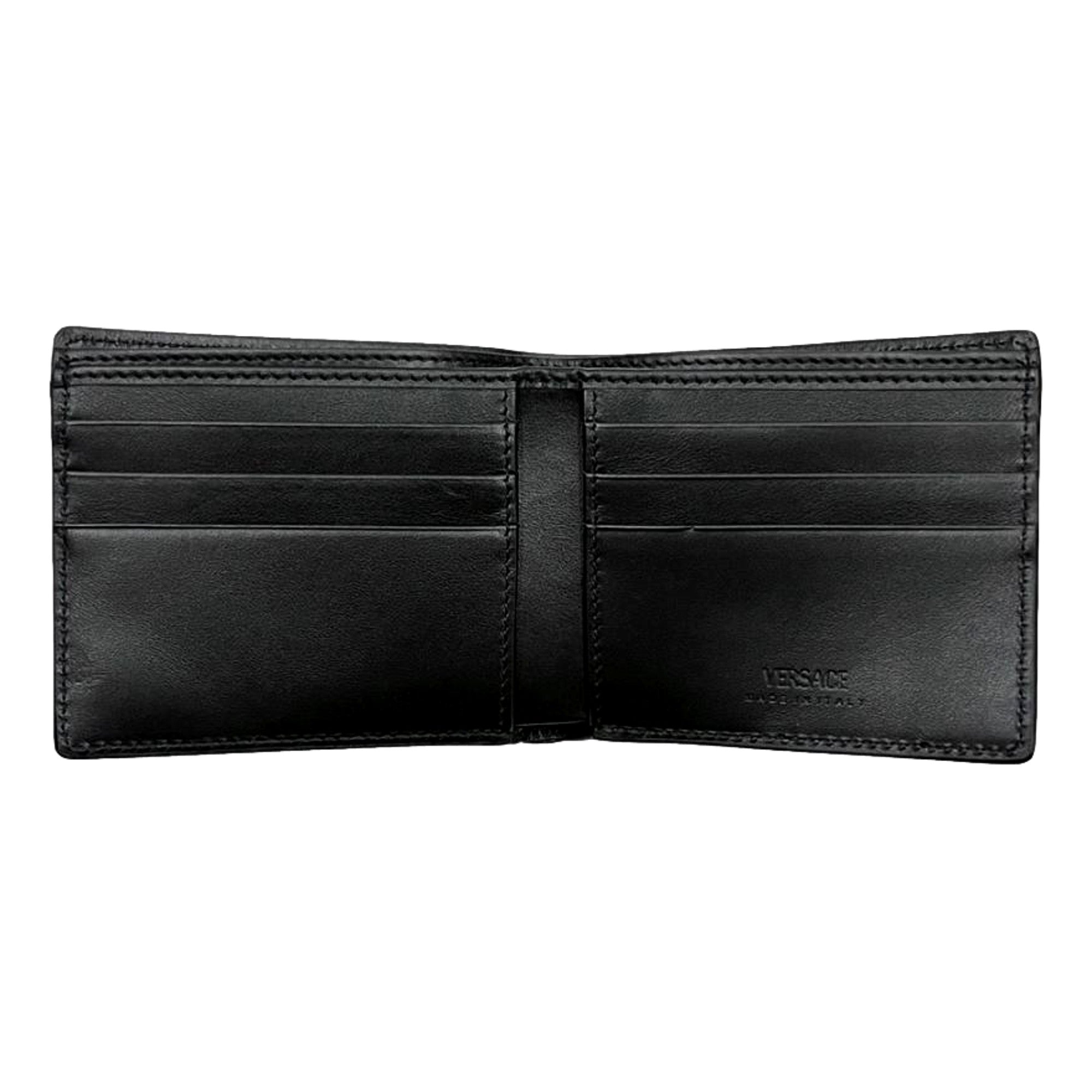 Versace La Medusa Black Calfskin Leather Bifold Wallet - available at Queen Bee of Beverly Hills.
