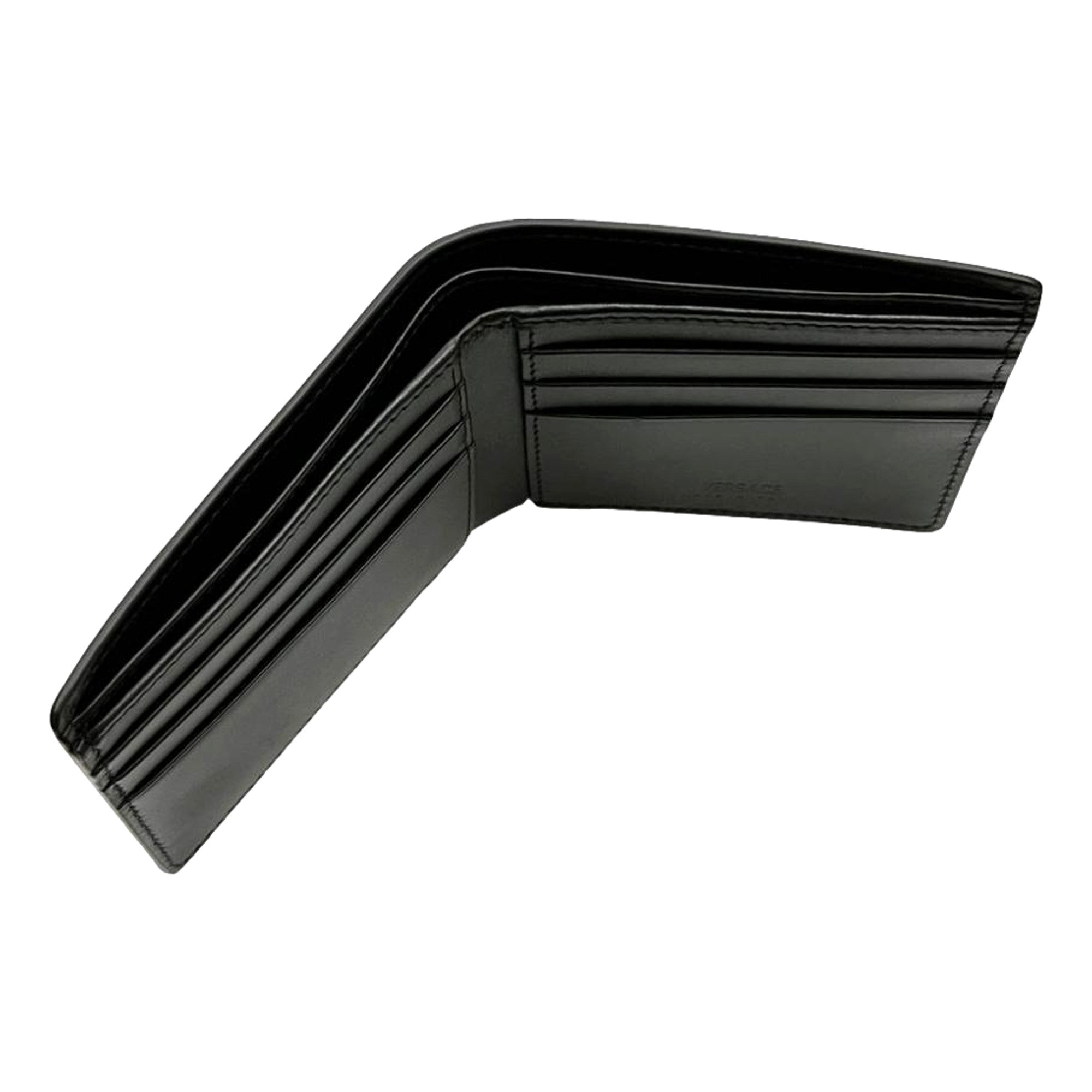 Versace La Medusa Black Calfskin Leather Bifold Wallet - available at Queen Bee of Beverly Hills.