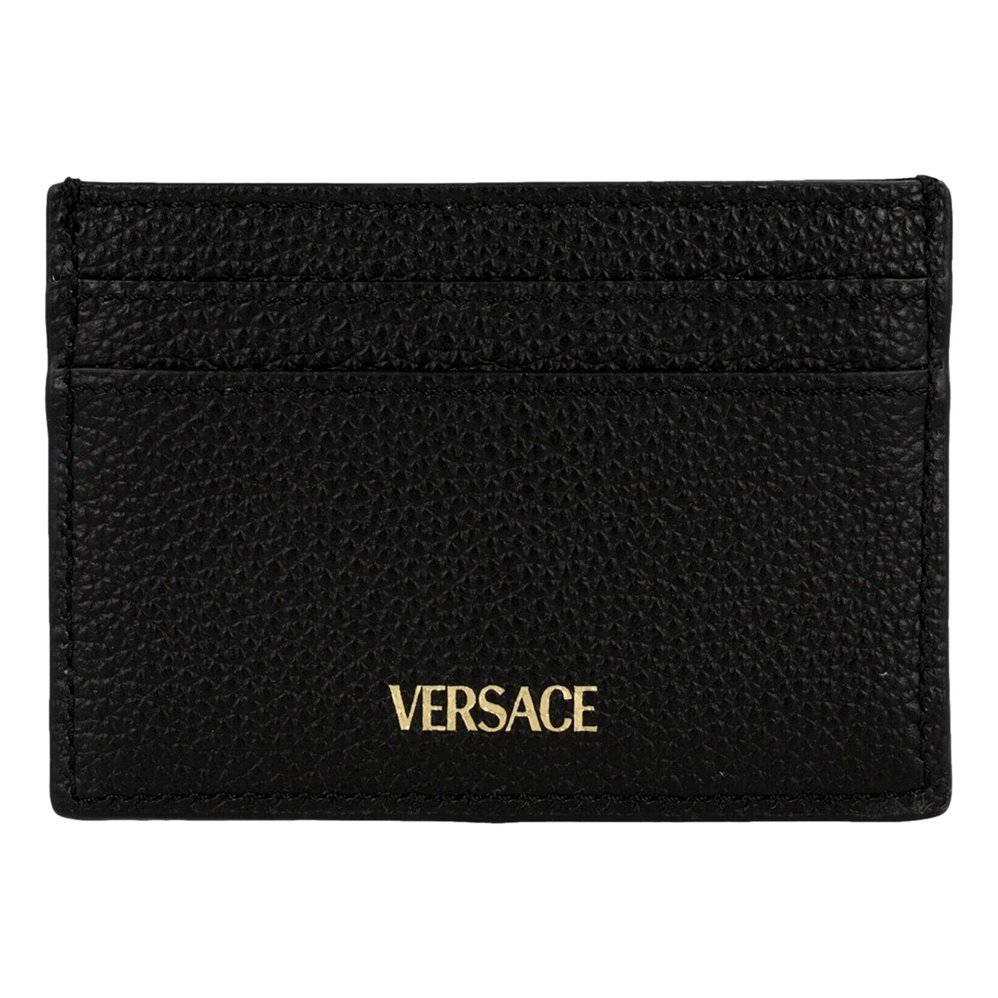 Versace Medusa Head Leather Card Holder Wallet in Black and Gold - available at Queen Bee of Beverly Hills. 