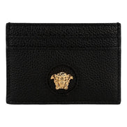 Versace Medusa Head Leather Card Holder Wallet in Black and Gold - available at Queen Bee of Beverly Hills. 