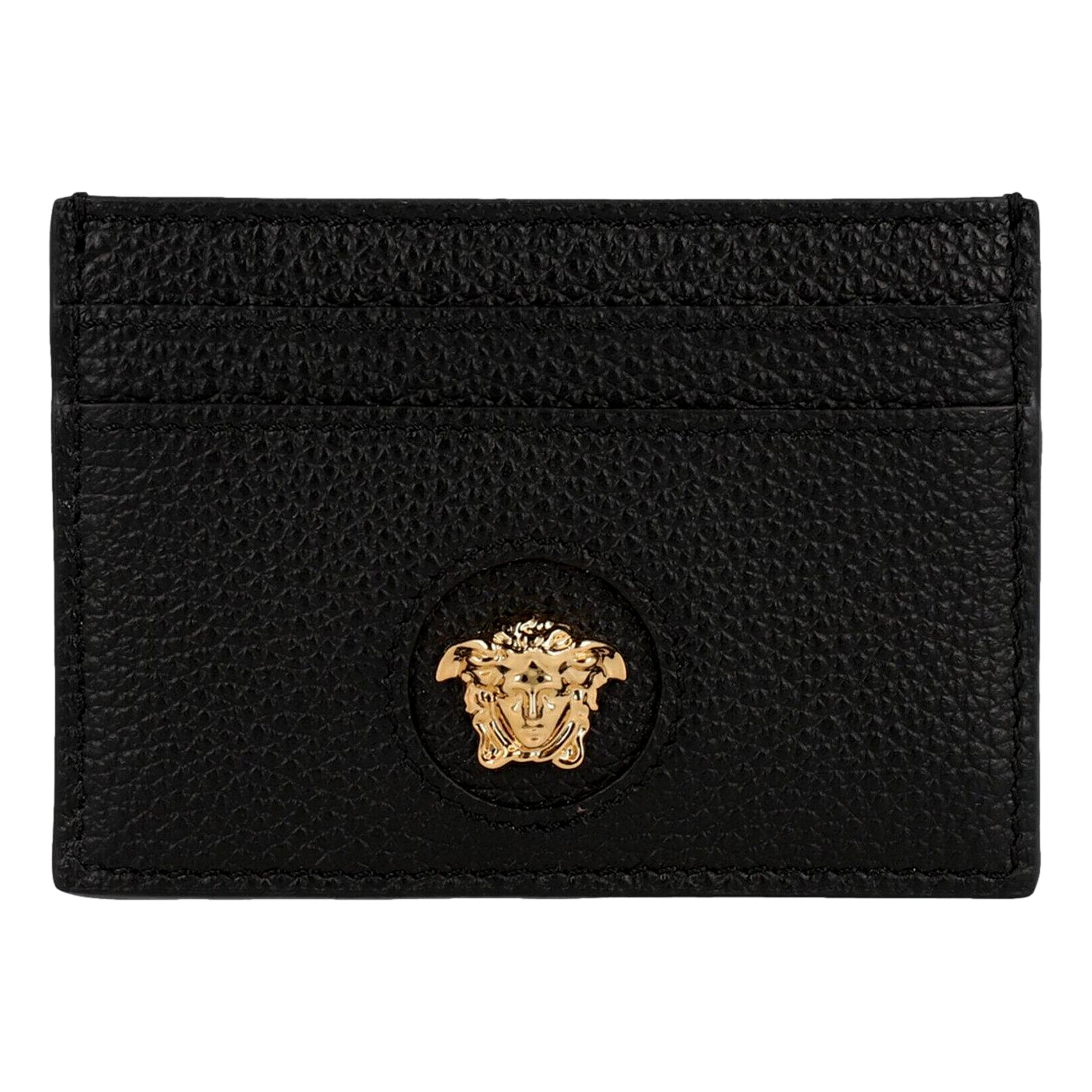 Versace Medusa Head Leather Card Holder Wallet in Black and Gold - available at Queen Bee of Beverly Hills. 