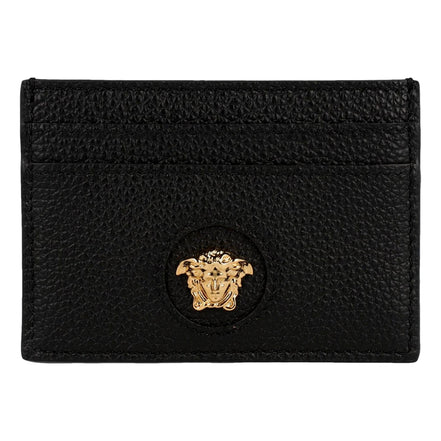 Versace Medusa Head Leather Card Holder Wallet in Black and Gold - available at Queen Bee of Beverly Hills. 
