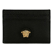 Versace Medusa Head Leather Card Holder Wallet in Black and Gold - available at Queen Bee of Beverly Hills. 