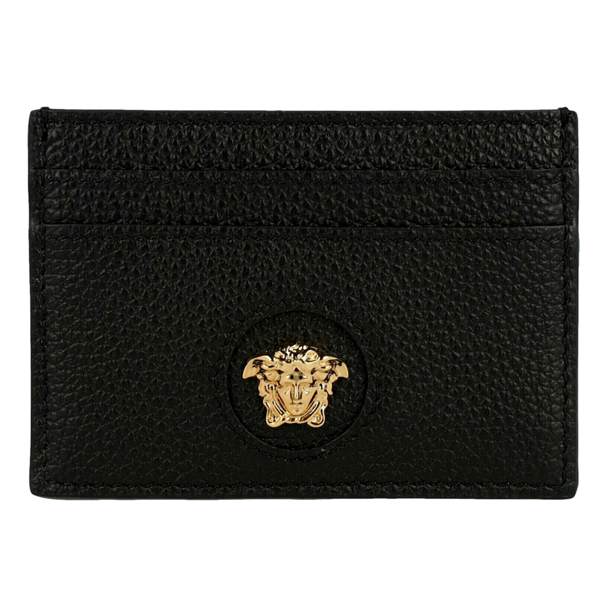 Versace Medusa Head Leather Card Holder Wallet in Black and Gold - available at Queen Bee of Beverly Hills. 