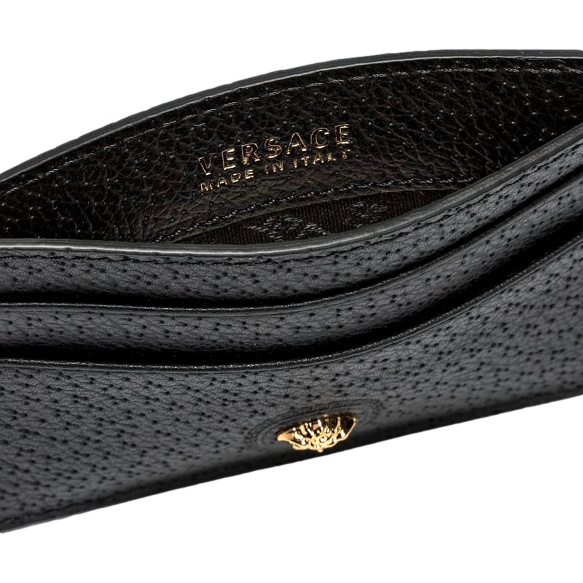 Versace Medusa Head Leather Card Holder Wallet in Black and Gold - available at Queen Bee of Beverly Hills. 