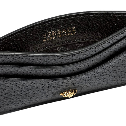 Versace Medusa Head Leather Card Holder Wallet in Black and Gold - available at Queen Bee of Beverly Hills. 