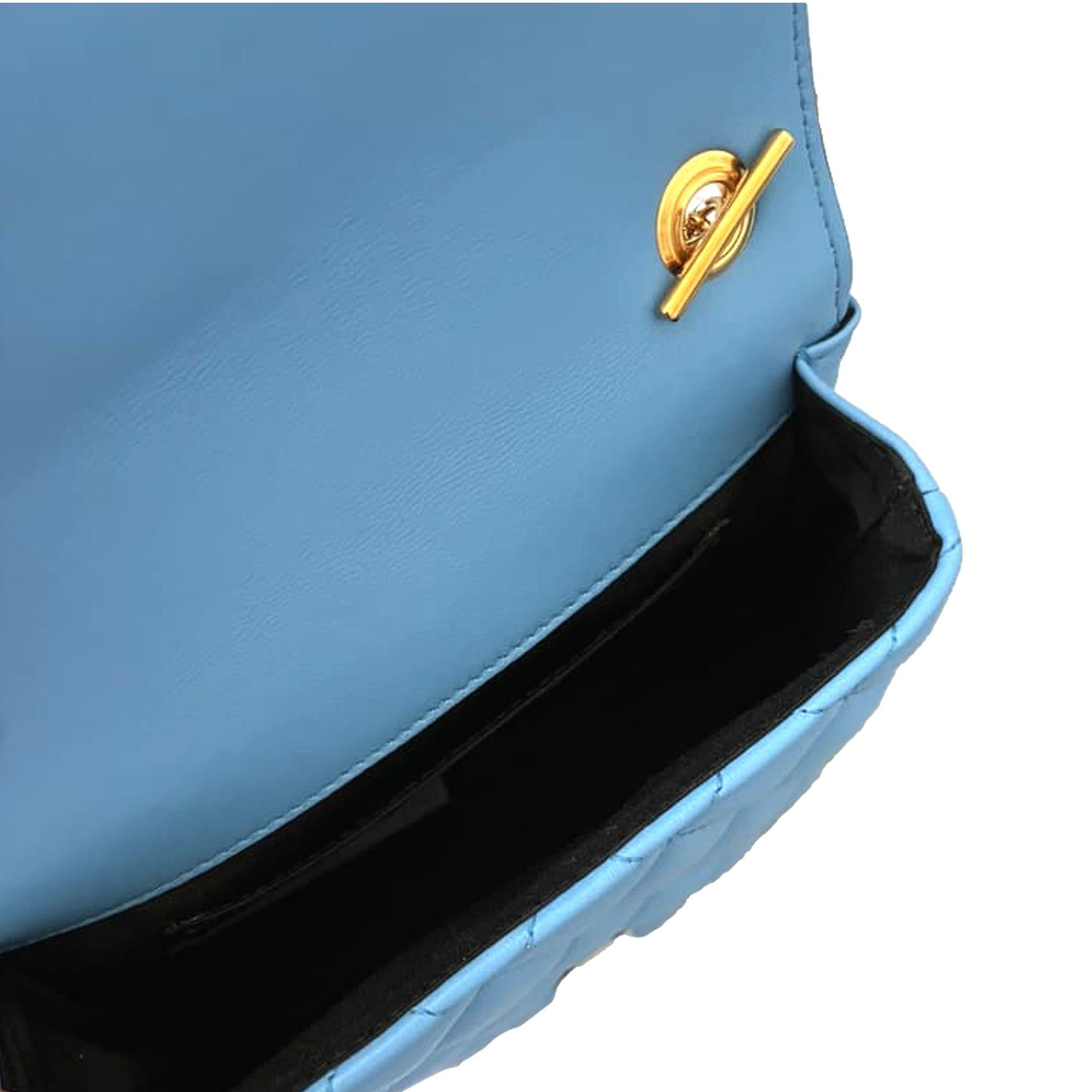 Versace Medusa Nappa Quilted Blue Leather Chain Crossbody available at Queen Bee of Beverly Hills