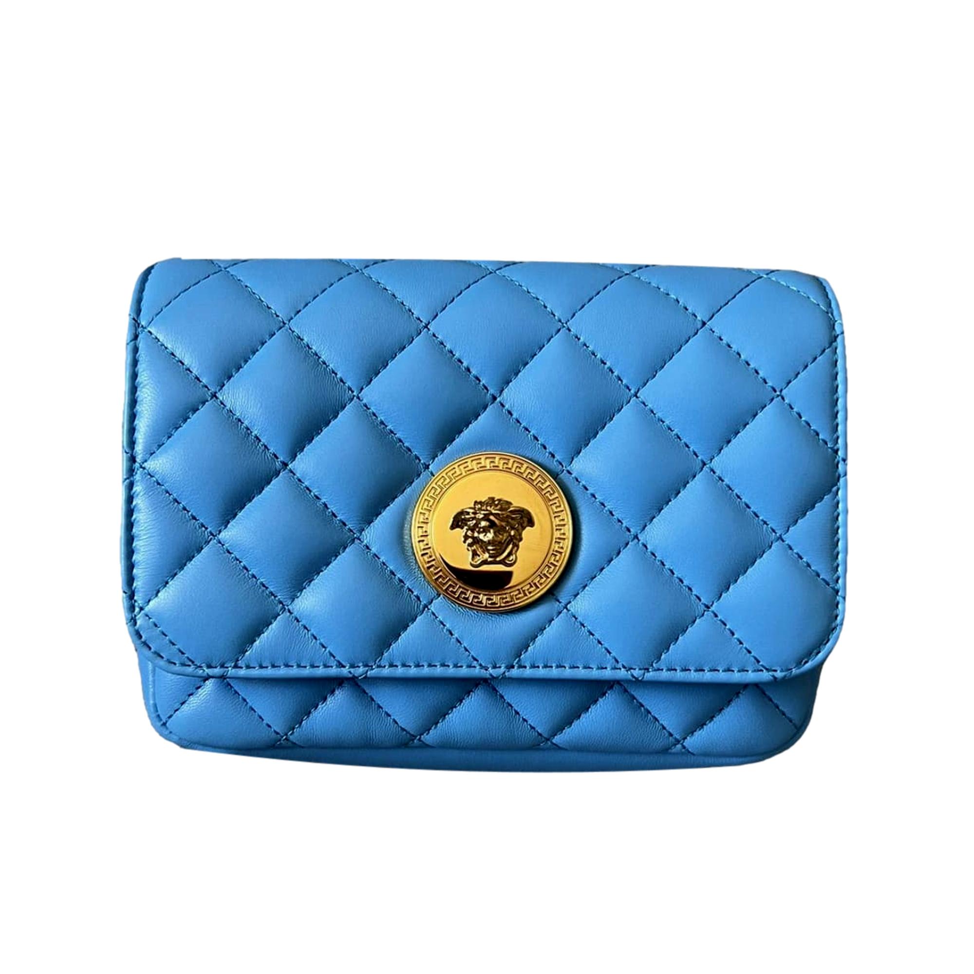 Versace Medusa Nappa Quilted Blue Leather Chain Crossbody available at Queen Bee of Beverly Hills