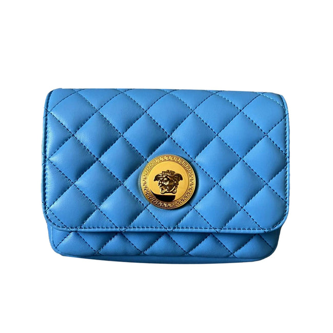 Versace Medusa Nappa Quilted Blue Leather Chain Crossbody available at Queen Bee of Beverly Hills