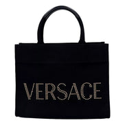 Versace Nero Canvas Studded Logo Mini Totebag available at Queen Bee of Beverly Hills