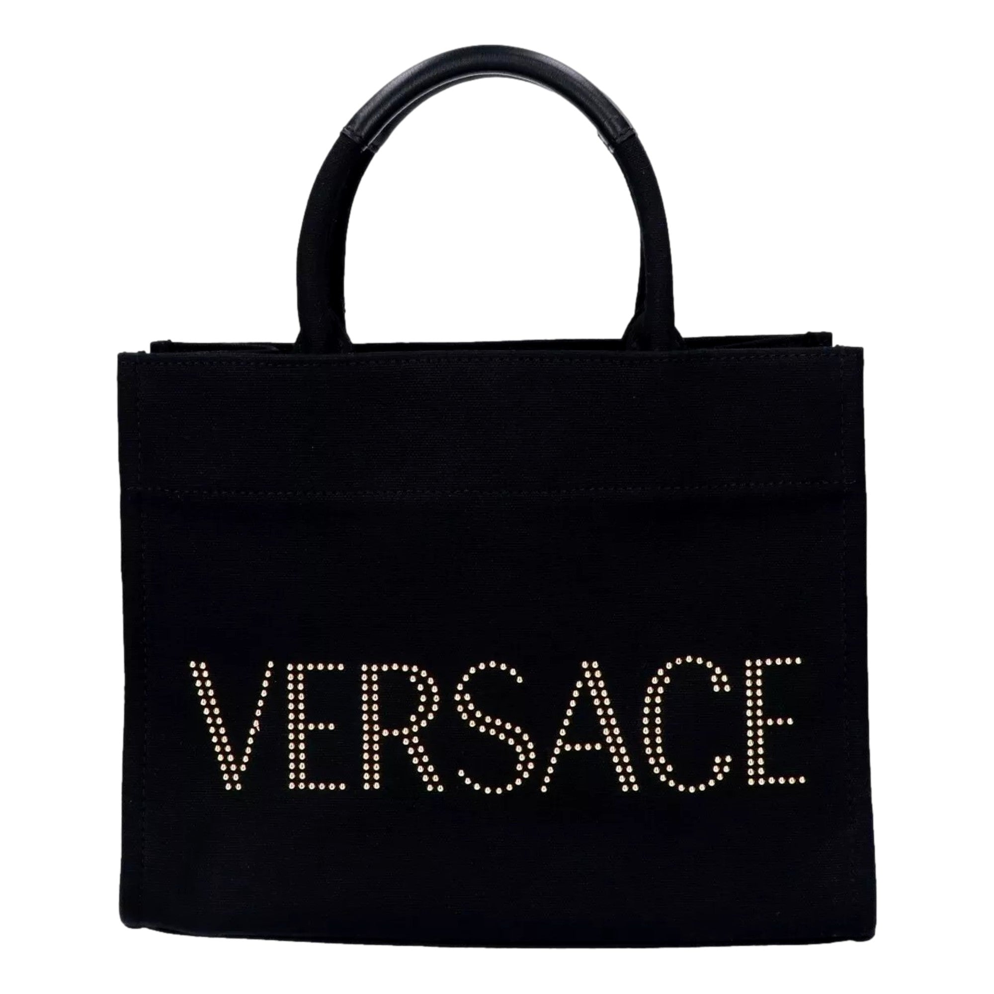 Versace Nero Canvas Studded Logo Mini Totebag available at Queen Bee of Beverly Hills