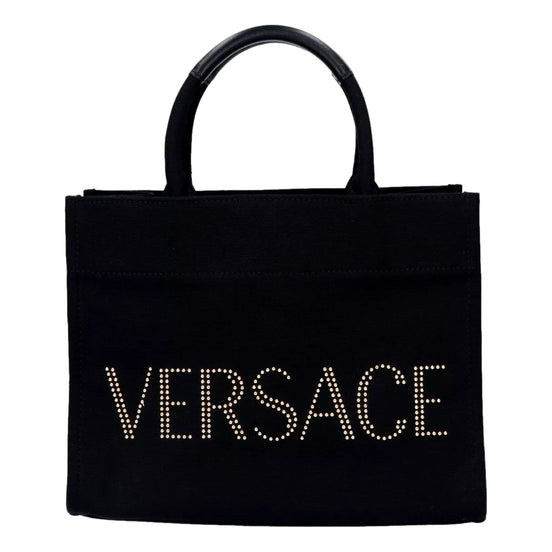 Versace Nero Canvas Studded Logo Mini Totebag available at Queen Bee of Beverly Hills